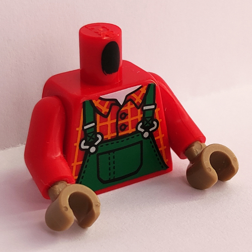 Lego Torso Plaid Shirt with Green Overalls Print, Red Arms, Dark Tan Hands / Red