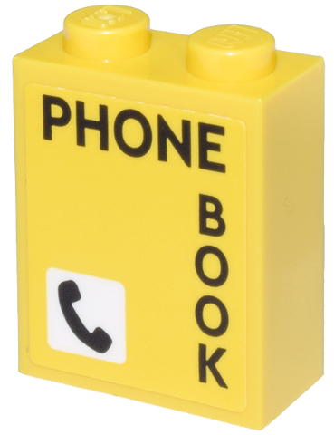 Lego Brick 1 x 2 x 2 with Inside Stud Holder with Black 'PHONE BOOK' and Phone Icon in White Square Pattern (Sticker) - Set 21347