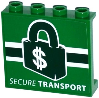 Lego Panel 1 x 4 x 3 with Side Supports - Hollow Studs with 'SECURE TRANSPORT' and Dark Green Padlock with ' Dollar Sign Pattern (Sticker) - Set 76015