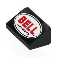Lego Brick Sloped 30° 1 x 2 x 2/3 with Red 'BELL', Black 'HELMETS' in Black Oval, White Field Print