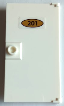 Lego Door 1 x 4 x 6 with Stud Handle with '201' on Oval Gold Sign Pattern (Sticker) - Set 41684 / White