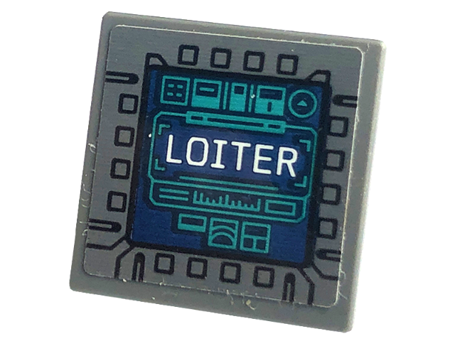 Lego Road Sign 2 x 2 Square with Open O Clip with Display Screen with White 'LOITER' and Dark Turquoise Diagrams Pattern (Sticker) - Set 76240