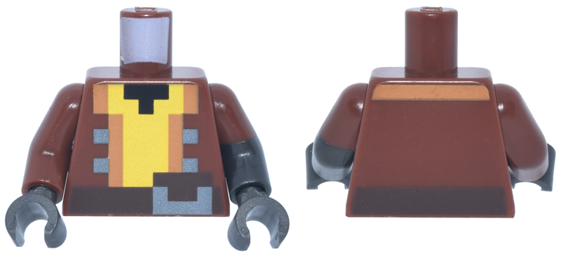 Lego Torso Pixelated Jacket Open, Medium Nougat Trim, Dark Silver Buttons, Yellow Shirt, Dark Brown Belt, Black Neck Pattern / Pearl Dark Gray Arm Left with Reddish Brown Molded Short Sleeve Pattern / Reddish Brown Arm Right / Pearl Dark Gray Hands