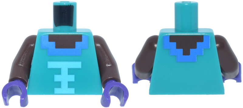 Lego Torso Pixelated Umber and Dark Azure Neckline, Medium Azure Trim Pattern / Umber Arms / Dark Purple Hands