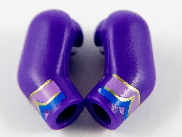 Lego Arm, (Matching Left and Right) Pair with Medium Lavender, Blue and Gold Cuffs Pattern / Dark Purple