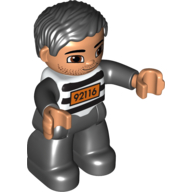 Lego Duplo Figure with Parted Wavy Hair Black, Black and White Striped Top with '92116' (Prisoner) / White