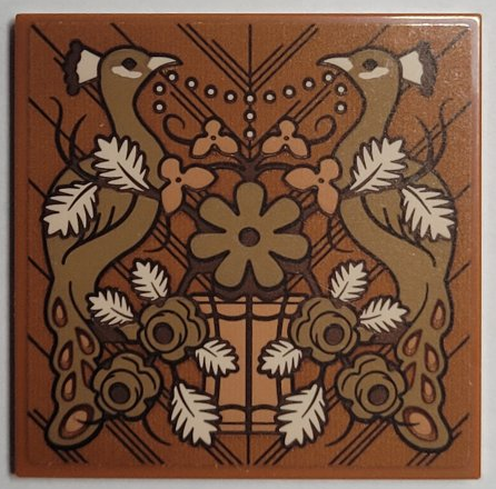 Lego Tile 4 x 4 with Wooden Panel with Peacocks, Plant and Flowers Pattern (Sticker) - Set 21344 / Dark Orange