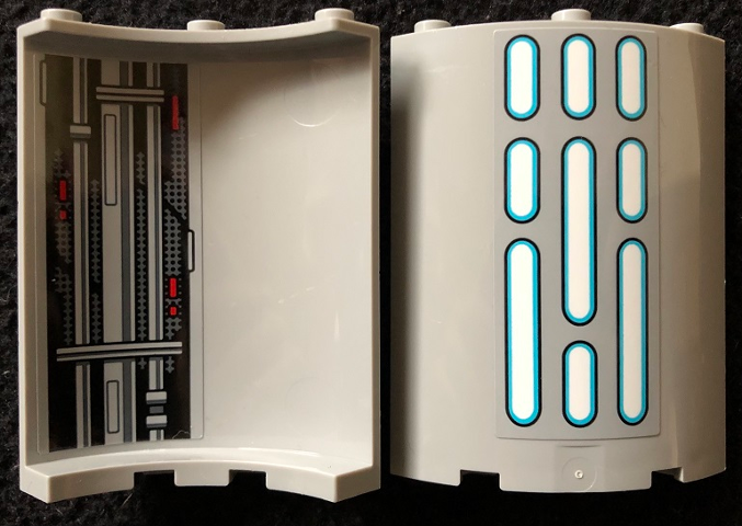 Lego Cylinder Quarter 4 x 4 x 6 with SW Death Star Wall Lights on Outside and Panel, Pipes, and Red Lights Pattern 1 on Inside (Stickers) - Set 75291 / Light Bluish Gray