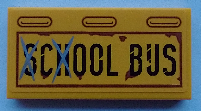 Lego Tile 2 x 4 with 'SCHOOL BUS' and Rust Pattern (Sticker) - Set 70423
