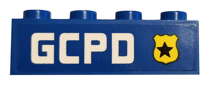 Lego Brick 1 x 4 with Yellow Badge with Black Star and 'GCPD' Pattern Model Right Side (Sticker) - Set 76120