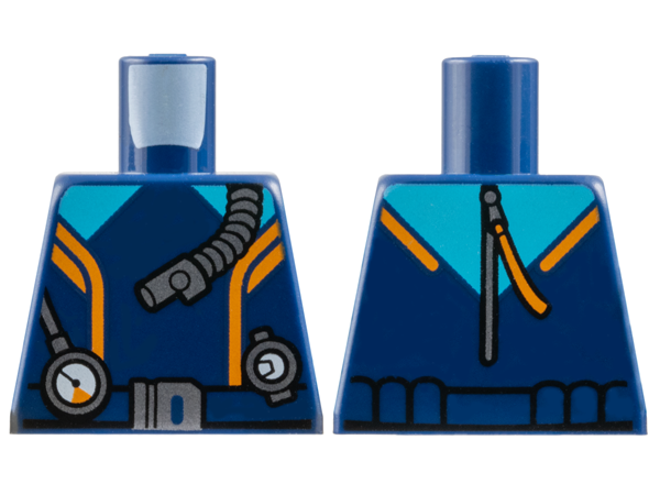 Lego Torso Diving Suit with Orange Stripes, Medium Azure Panels, Belt with Silver Buckle, Gauge and Regulator Pattern / Dark Blue