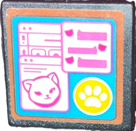 Lego Road Sign 2 x 2 Square with Open O Clip with Computer Screen, White Paw Print in Yellow Circle, Dark Pink and Magenta Cat and Speech Bubbles in Windows on Medium Azure Background Pattern (Sticker) - Set 41742 / Black