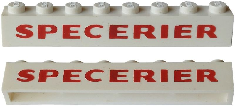 Lego Brick 1 x 8 without Bottom Tubes with Cross Side Supports with Red 'SPECERIER' Pattern