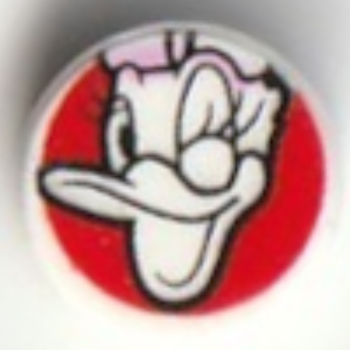 Lego Tile Round 1 x 1 with Daisy Duck, Wink on Red Background Print / White