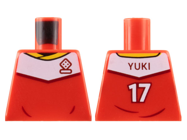 Lego Torso Soccer Uniform, Yellow Collar, White Shoulder Panel, Dark Red Dice Logo, 'YUKI 17' on Back Pattern / Red