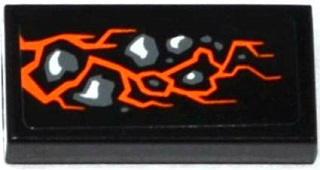 Lego Tile 1 x 2 with Orange Cracks and Stones Pattern (Sticker) - Set 70747 / Black