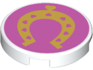 Lego Tile, Round 2 x 2 with Bottom Stud Holder with Gold Horseshoe with Hearts on Dark Pink Background Pattern / White