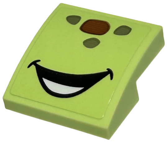 Lego Slope, Curved 2 x 2 x 2/3 with Reddish Brown and Olive Green Spots, Open Mouth Smile with Bottom Teeth Pattern (Squirt Face) (Sticker) - Set 43226 / Yellowish Green