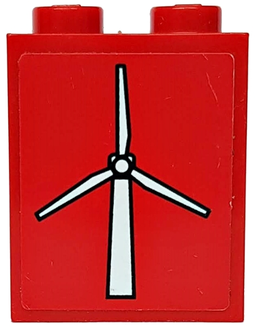 Lego Brick 1 x 2 x 2 with Inside Axle Holder with White Wind Turbine Pattern on Red Background (Sticker) - Set 7747 / Red