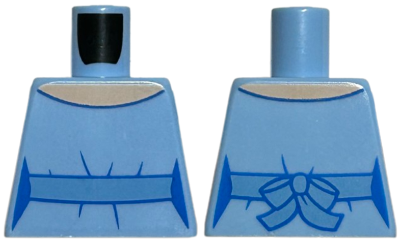Lego Torso Female Dress Top with Medium Blue Waistband with Bow on Back, Light Nougat Neck Pattern / Bright Light Blue