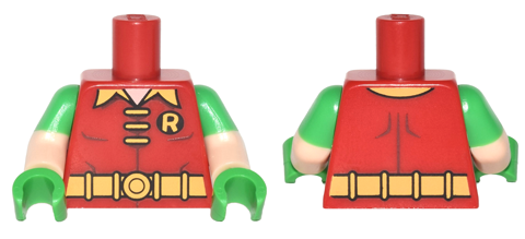 Lego Torso Batman 'R' Symbol, 3 Yellow Clasps and Collar and Belt Pattern / Light Nougat Arms with Molded Bright Green Short Sleeves Pattern / Bright Green Hands