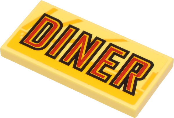 Lego Tile 2 x 4 with Red and Black 'DINER' on Bright Light Yellow Background and Yellow Skyline Pattern (Sticker) - Set 60271 / Bright Light Yellow