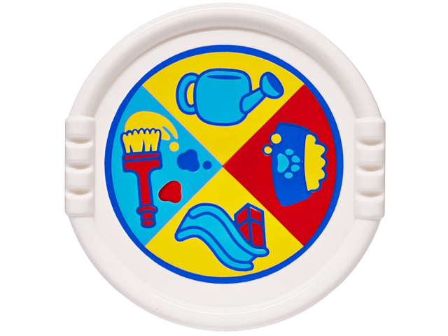 Lego Duplo Utensil Disk with Blue Circle, Red Paint Brush, Yellow Pet Food in Bowl with Paw Print, Medium Azure Watering Can and Slide in Quarter Circles Pattern / White
