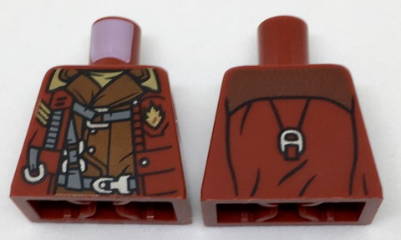 Lego Torso Open Jacket with Badge over Reddish Brown Shirt and Harness Pattern / Dark Red