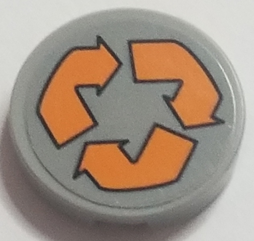 Lego Tile, Round 2 x 2 with Bottom Stud Holder with Orange Recycling Arrows Pattern (Sticker) - Set 70615 / Light Bluish Gray