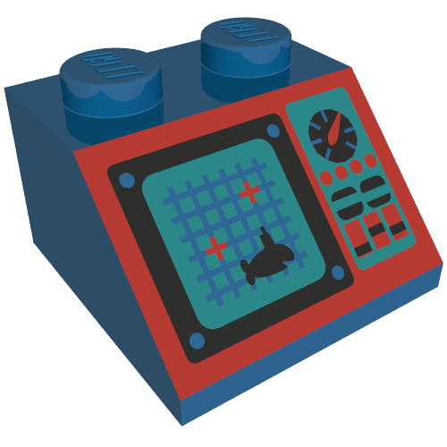 Lego Brick Sloped 45° 2 x 2 with Grid Screen, Shark, and Controls on Red Panel Print (Aquazone) / Blue