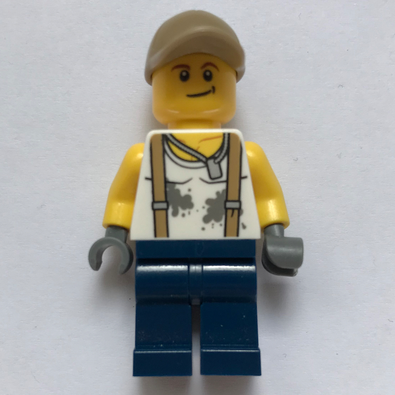 Lego Mechanic, Dirty White Shirt with Suspenders, Dark Blue Legs, Dark Tan Cap