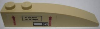 Lego Slope, Curved 6 x 1 with 2 Studs with Red 'OPEN' and Arrows, Silver Handle and Lock, Black 'Plt. "Jazz" Boucher' and 'Nav. "Kid" Thorogood' in Rectangle Pattern Model Right Side (Sticker) - Sets 7298 / 7477 / Tan