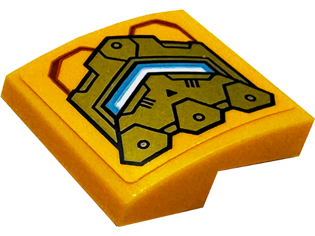 Lego Slope, Curved 2 x 2 x 2/3 with Gold Armor Plates with White and Medium Azure Stripes Pattern Model Left Side (Sticker) - Set 71833