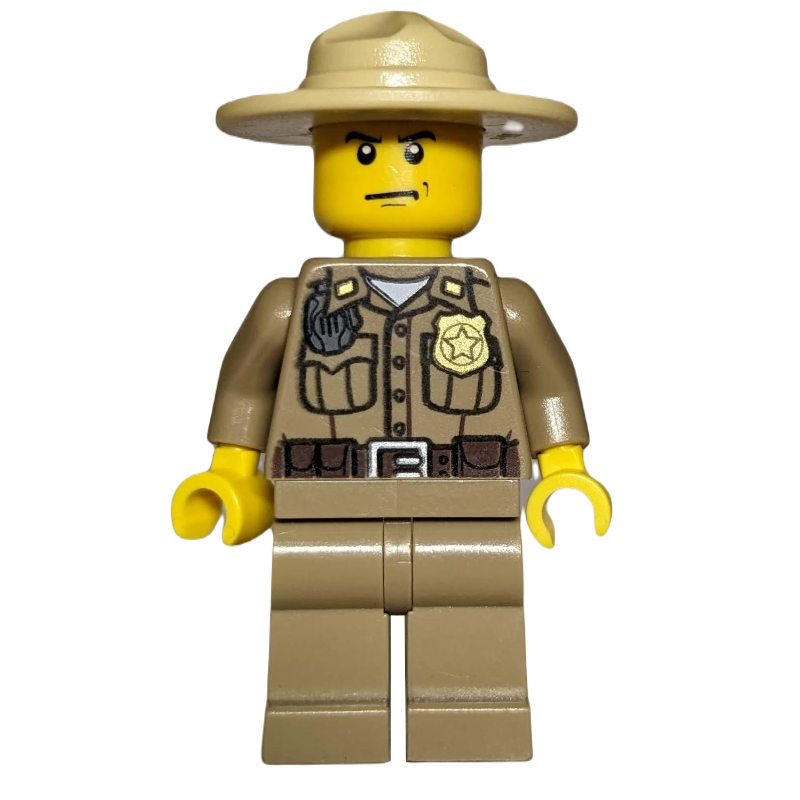 Lego Forest Police / Ranger, Dark Tan Shirt with Radio and Badge, Dark Tan Legs, Tan Campaign Hat