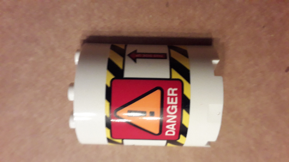 Lego Cylinder Half 2 x 4 x 4 with Orange Danger Sign, Black and Yellow Stripes, Red Arrows and 'DANGER' Pattern (Sticker) - Set 42079 / White