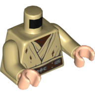 Lego Torso Robe with Dirt Stains, Dark Brown Undershirt, and Utility Belt Print, Tan Arms, Light Nougat Hands / Tan