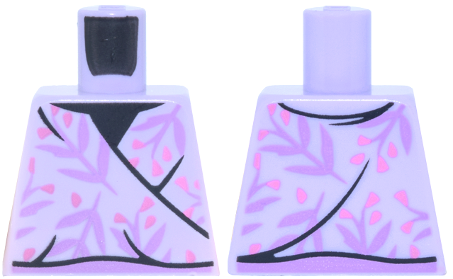 Lego Torso Sleeveless Wrap Top, Black Trim, Medium Lavender Leaves and Coral Flowers Pattern