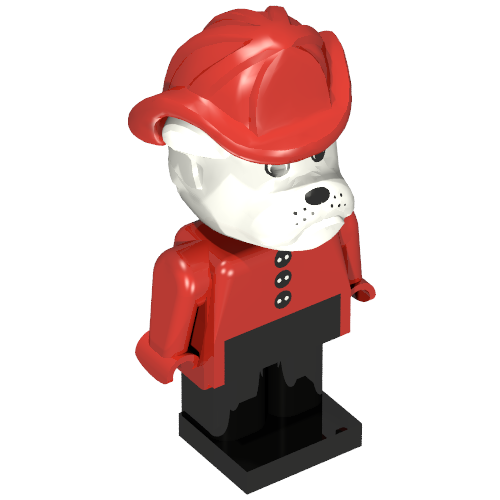 Lego Fabuland Figure Barty Bulldog with White Head, Red Torso with Black Buttons, Red Arms and Hands, Black Legs and Red Fireman Helmet / Red