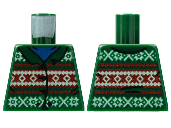 Lego Torso Fair Isle Cardigan Sweater with Red and White Stripes across Middle over Blue Shirt Pattern / Dark Green