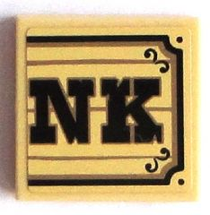 Lego Tile 2 x 2 with Black 'NK' on Wood Plaque Background Pattern (Sticker) - Set 70800 / Tan