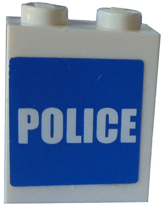 Lego Brick 1 x 2 x 2 with Inside Axle Holder with White 'POLICE' on Blue Background Pattern (Sticker) - Set 7498 / White