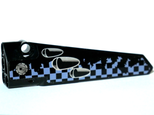 Lego Technic, Panel Fairing # 5 Long Smooth, Side A with Vent Holes, Filler Cap and Worn Sand Blue and Black Checkered Pattern (Sticker) - Set 42002