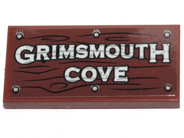 Lego Tile 2 x 4 with 'GRIMSMOUTH COVE', Wood Grain and 6 Nails Pattern (Sticker) - Set 70431