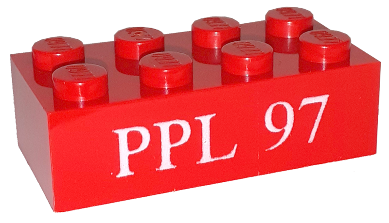 Lego Brick 2 x 4 with White 'PPL 97' Pattern / Red