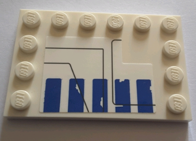 Lego Tile, Modified 4 x 6 with Studs on Edges with 5 Worn Blue Rectangles and Black Lines on White Background Pattern Model Left Side (Sticker) - Set 75155 / White