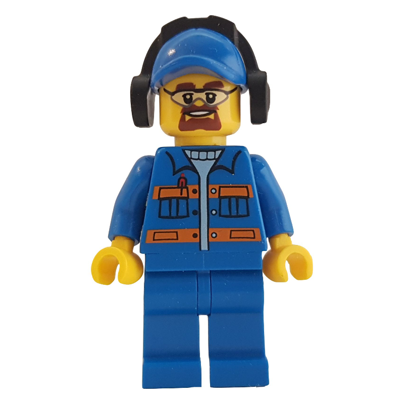 Lego Man, Blue Jacket with Orange Stripes, Blue Legs, Blue Cap, Ear Defenders