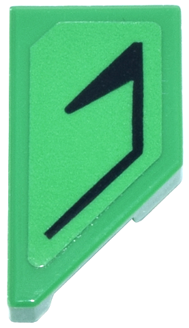 Lego Tile, Modified 1 x 2 Wedge Left with Black Angled Line and Triangle Pattern (Pokémon Earth Badge) (Sticker) - Set 40892 / Bright Green
