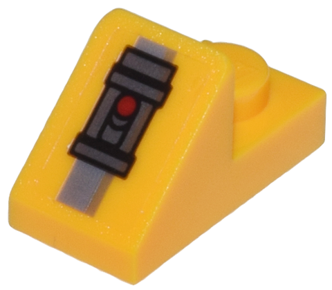 Lego Slope 45 2 x 1 with 2/3 Cutout with Dark Silver Cylinder, Red Circle and Dark Bluish Gray Stripe  Pattern (Sticker) - Set 75357