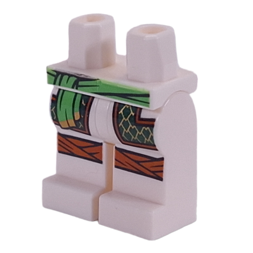 Lego Hips and White Legs with Bright Green Sahs, Dark Green/Gold Armor, Dark Orange Knee Wrappings print