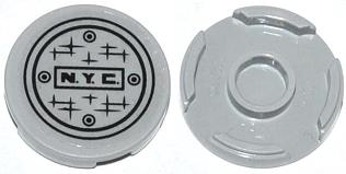 Lego Tile, Round 2 x 2 with Bottom Stud Holder with 'N.Y.C.' and Manhole Cover Pattern (Sticker) - Set 79118